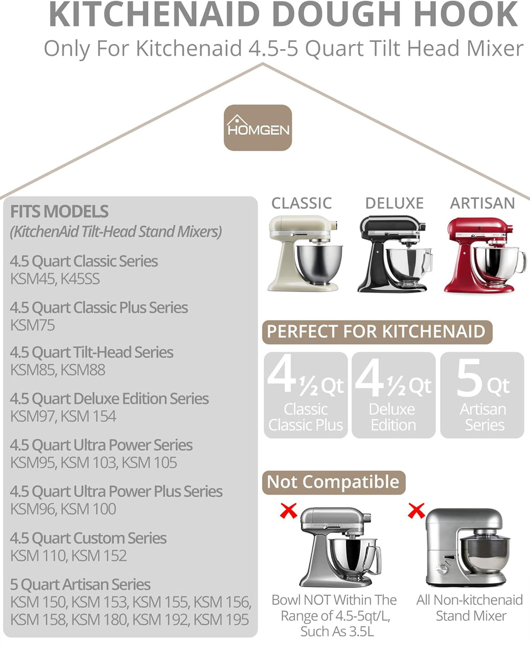 HOMGEN Knethaken für Kitchenaid 4.5/5QT Edelstahl Knethaken spülmaschinenfest für Kitchen Aid Standm