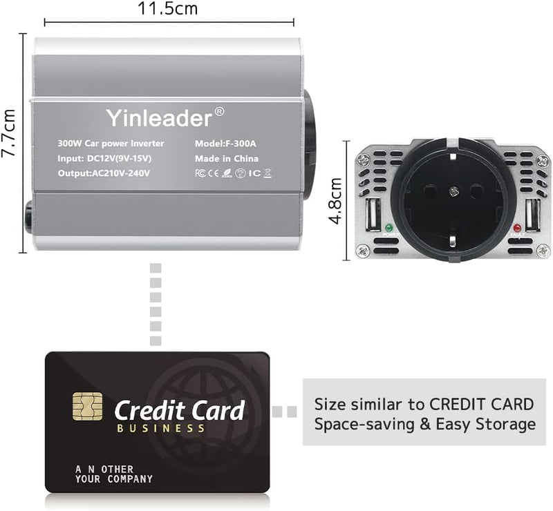 Yinleader Wechselrichter 300W DC 12V auf 230V AC KFZ-Spannungswandler 1 Euro-Steckdosen und 2 USB mi