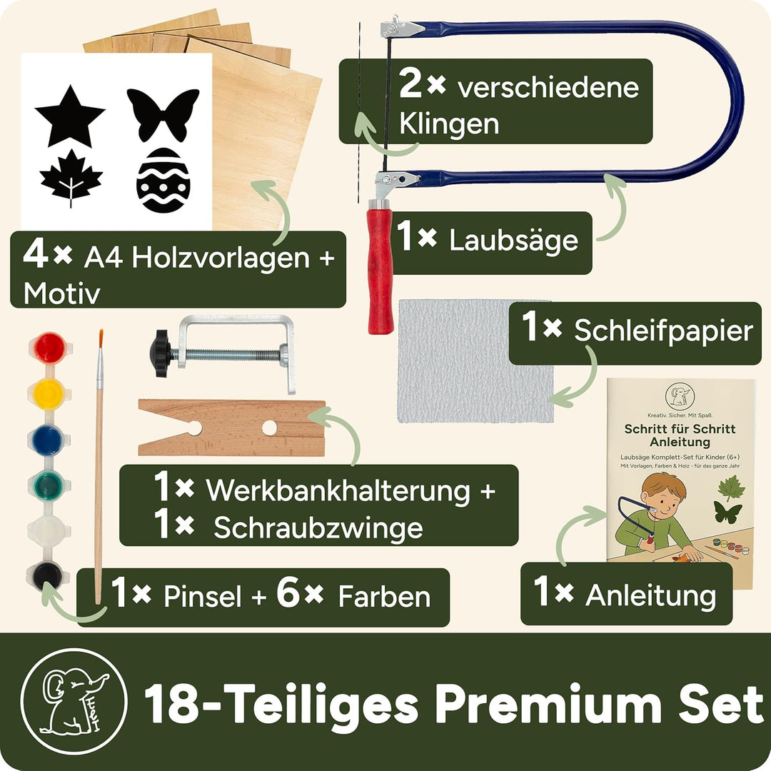 Eli® Laubsäge + Kindersäge Set ab 6 Jahre inkl. 4 Sägeblätter für Holz und Metall- Laubsägen inkl kr