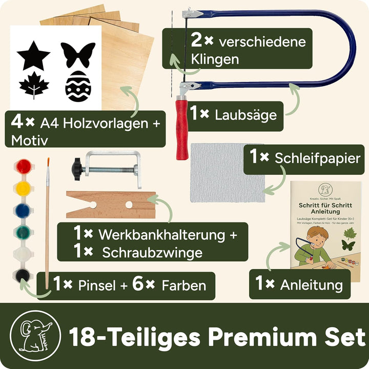 Eli® Laubsäge + Kindersäge Set ab 6 Jahre inkl. 4 Sägeblätter für Holz und Metall- Laubsägen inkl kr