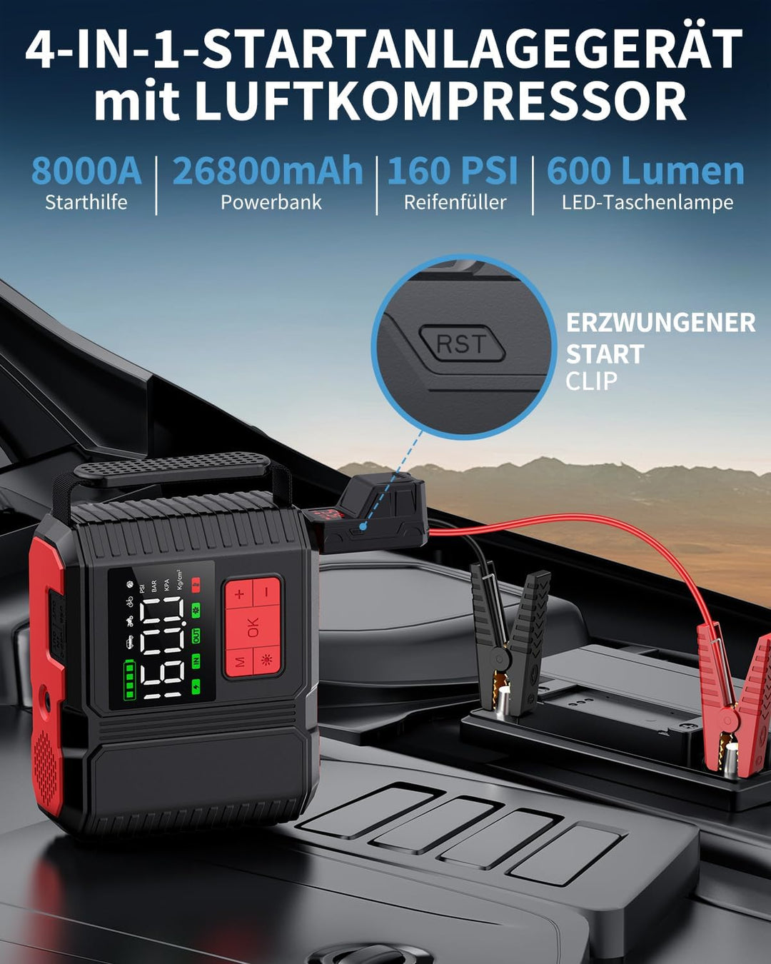 8000A &160PSI BRPOM Starthilfe Powerbank für Pkw mit Kompressor 26800mAh Auto Starthilfe Powerbank f