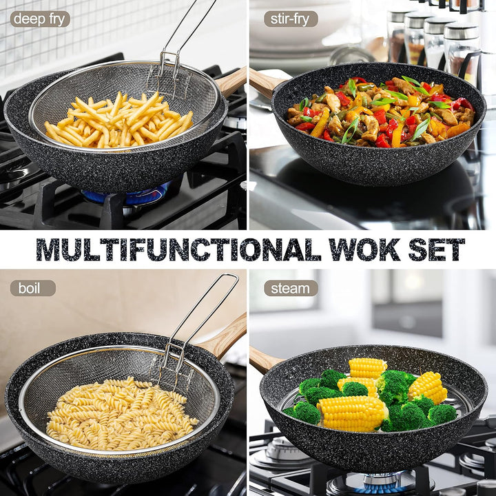 MICHELANGELO Induktion Wokpfanne 28cm mit Deckel, Wok mit Deckel 28cm, Spülmaschinenfest Antihaft Wo