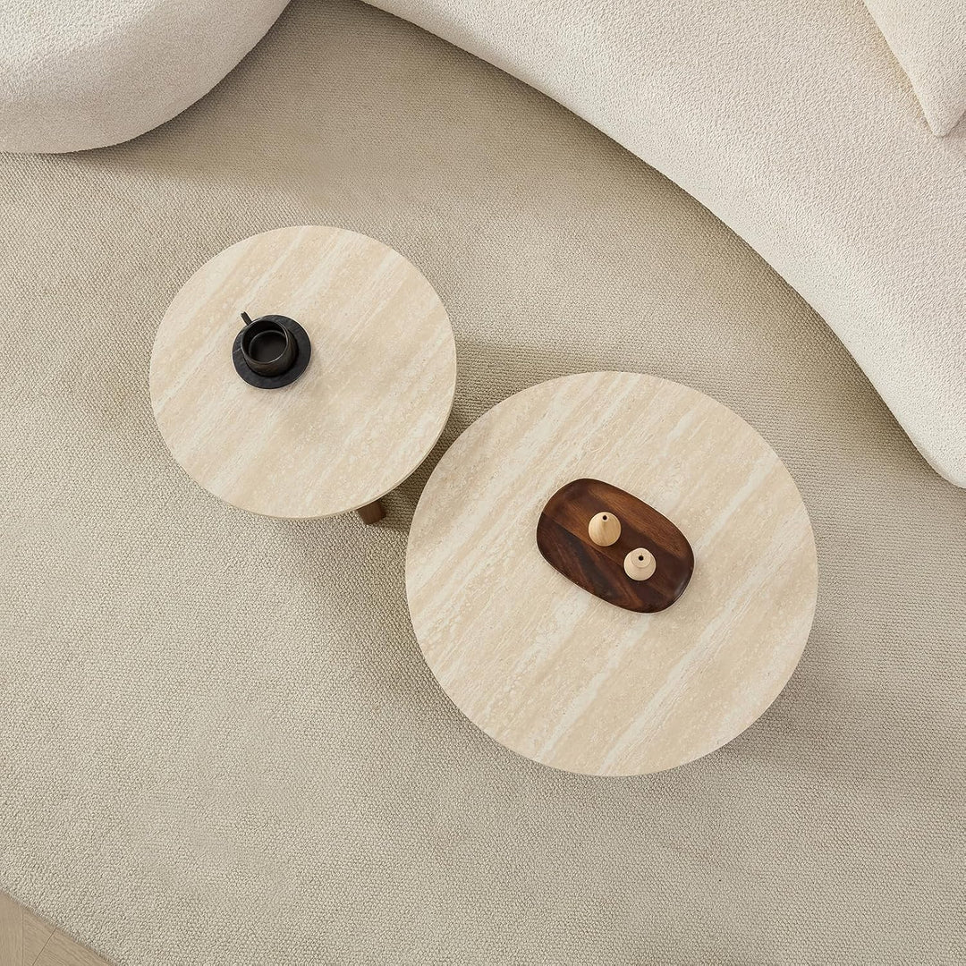 Home-Heaven® Couchtisch Rund Travertin mit Braun Holz – Set von 2 Ø76 cm & Ø58 cm, Travertin