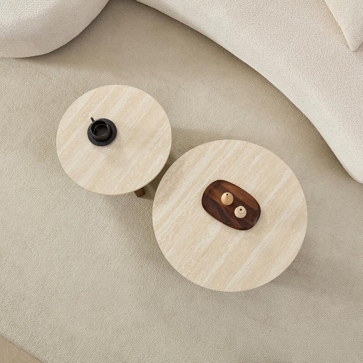 Home-Heaven® Couchtisch Rund Travertin mit Braun Holz – Set von 2 Ø76 cm & Ø58 cm, Travertin