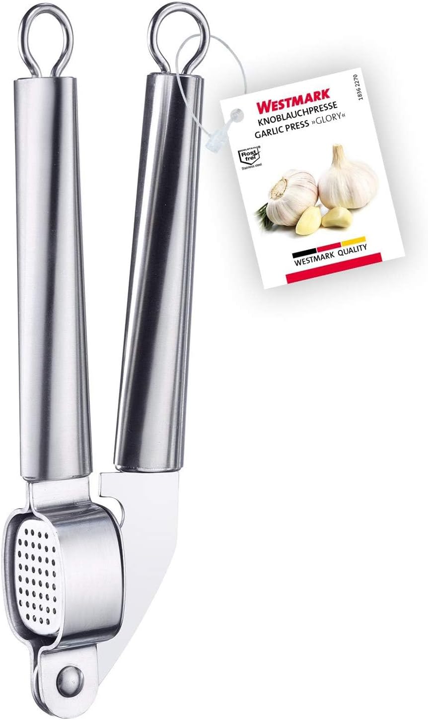Westmark Knoblauchpresse mit herausnehmbarem Gittereinsatz, Länge: 20 cm, Rostfreier Edelstahl, Glor