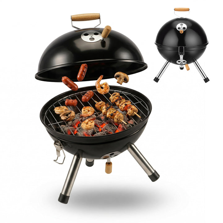 Relaxdays Mini Kugelgrill, tragbar, Ø 30 cm, Picknickgrill für Balkon & Camping, Holzkohlegrill mit