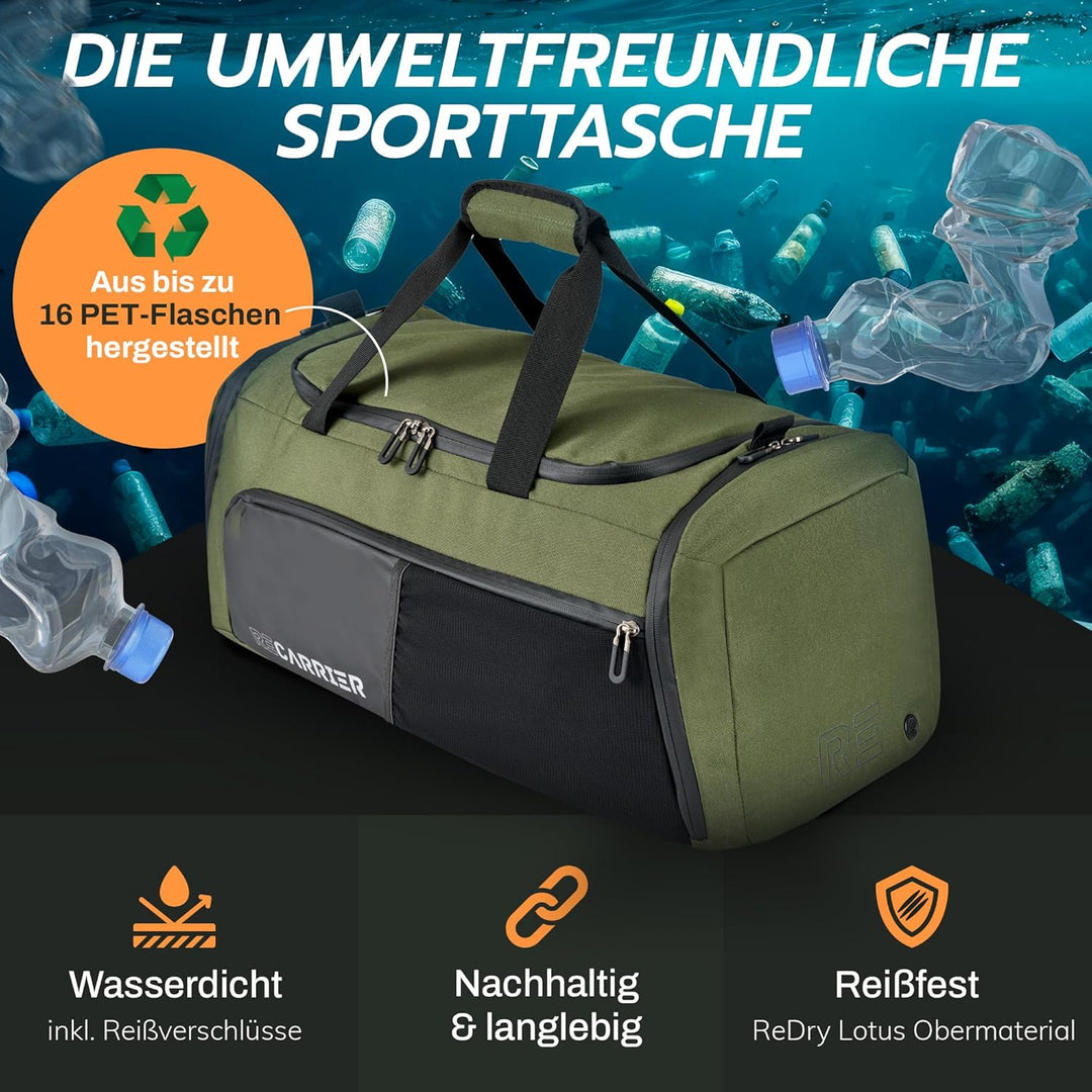 Sporttasche [RECYCELTES PET] 50L – Gym Bag und Rucksack in Einem – wasserdichte Trainingstasche Herr