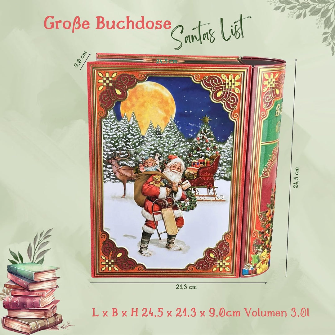 Grosse Buchdose Santa´s List - aufwändig geprägt und bedruckt. Der Weihnachtsmann bereitet sich vor