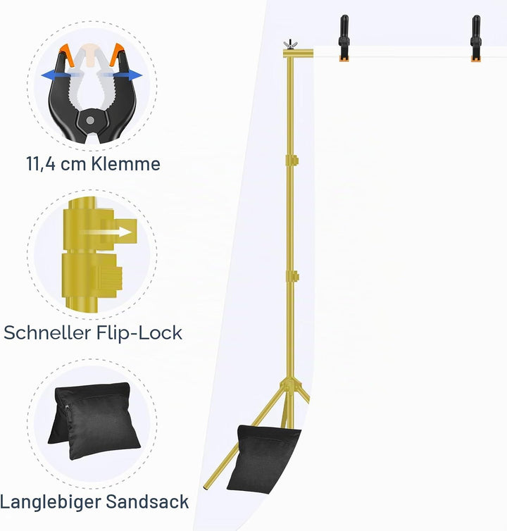 EMART Goldener Foto Hintergrund Ständer, 2x3m Verstellbarer Hintergrundsystem mit 8 Hintergrundklemm