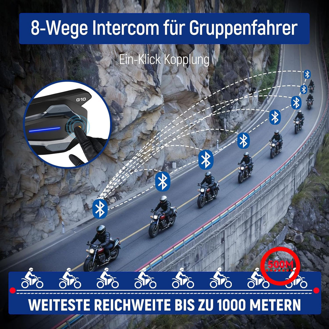 LEXIN G10 Motorrad Headset, 2 bis 8-Wege Konferenz Freisprecheinrichtung | Motorrad Kommunikationssy