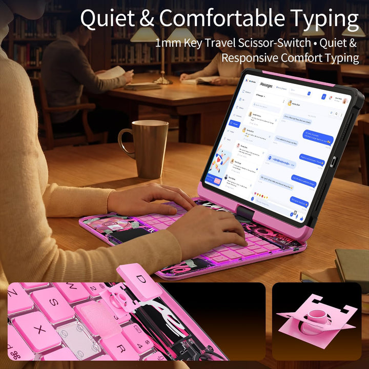 Uminy Klare Tastaturhülle für iPad 10,2 Zoll mit 360° Drehung, Rosa | 7-farbige Hintergrundbeleuchtu