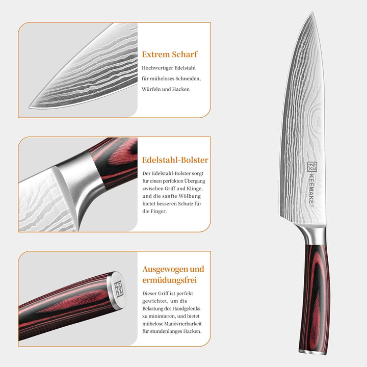 KEEMAKE Messerset 3 teilig, Küchenmesser Set aus Edelstahl mit Profi Kochmesser Nakiri Messer Allzwe