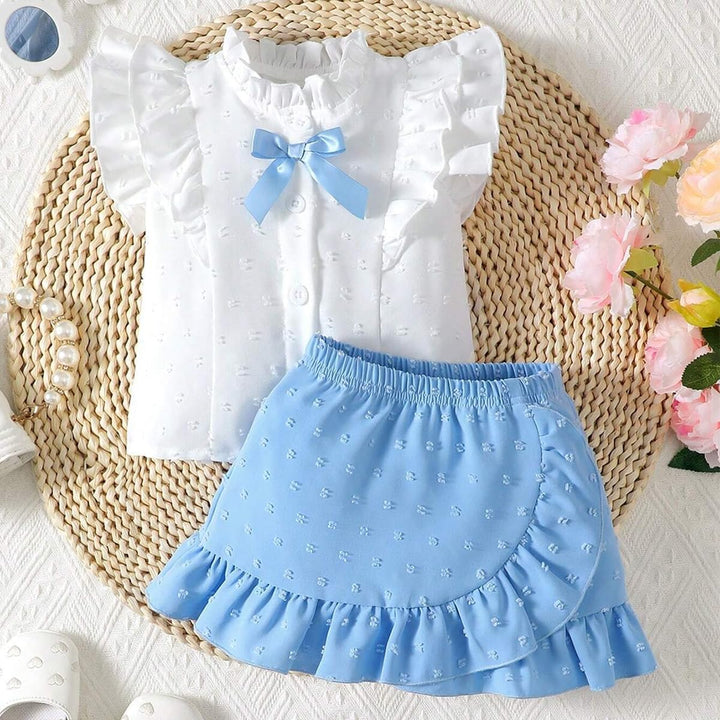 Baby Mädchen Rock Set Rüschen Ärmellose Bluse mit Schleife &amp; Eleganter Schweizer Punkten Rock 2Pcs S