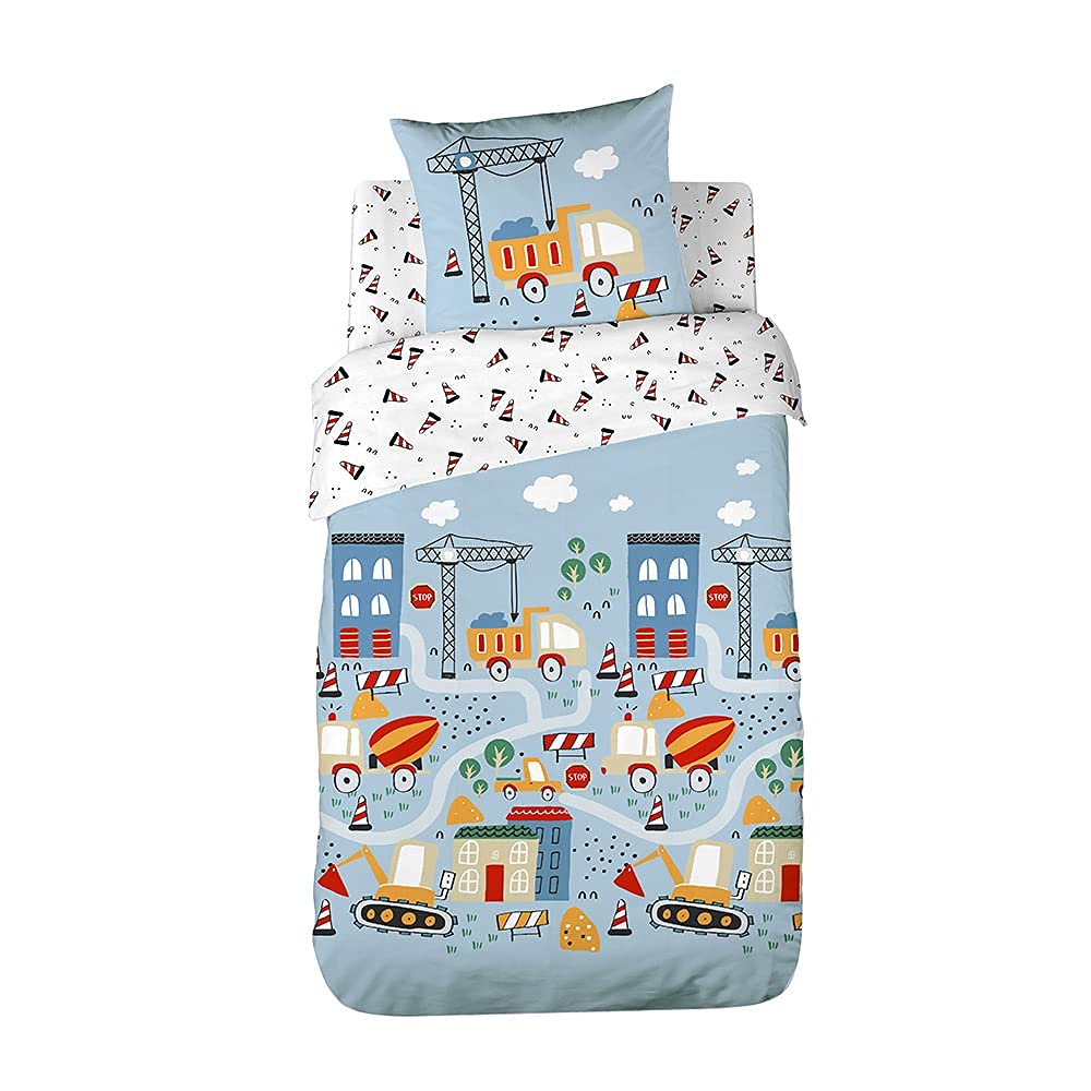 CÔTE DECO Bettwäsche-Set für Kinder, wendbar, LKW und Traktor, Blau, Bettbezug 140 x 200 cm + 1 Kiss