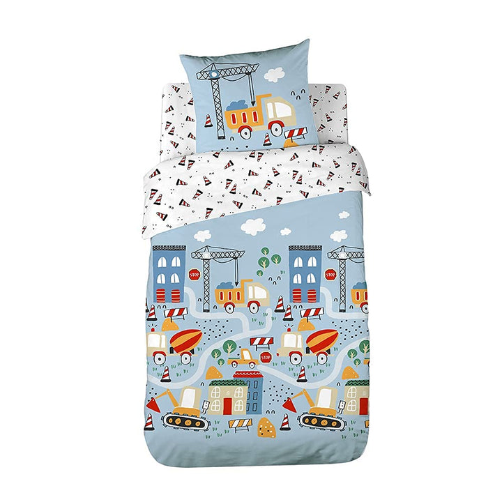 CÔTE DECO Bettwäsche-Set für Kinder, wendbar, LKW und Traktor, Blau, Bettbezug 140 x 200 cm + 1 Kiss