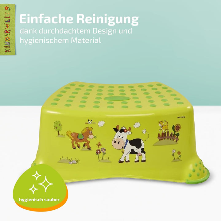 KiNDERWELT Premium Tritthocker für Kinder und Babys, Bauernhof Design in Grün, Tritthocker Stufe für
