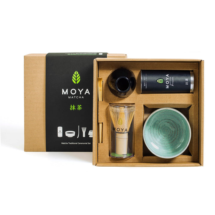 Organischer Moya Matcha Tee Set Pulver Grün | BIO 30 g Premium Klasse (I) | Verpackung + Matcha-Scha