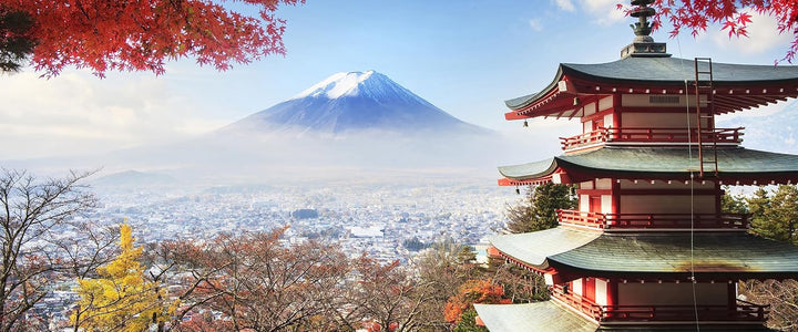 Glasbild Panorama | Wandbild aus Echtglas | Japanischer Tempel im Herbst | 120x50 cm | inkl. Aufhäng