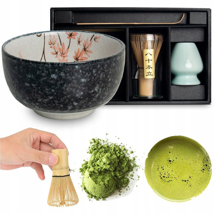 Matcha Set 4 tlg. Original japanische Schale mit Besen &amp; Löffel Edo Japan Geschenkverpackung mit Mat