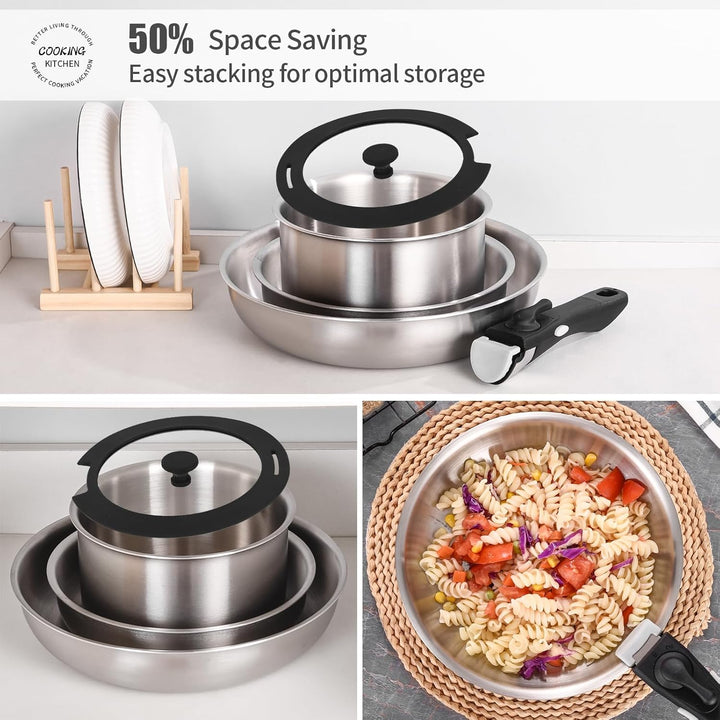 Inqibee Pfannenset mit Abnehmbarem Griff, Edelstahl Topfset für Induktion mit Deckel, 16+22+28cm Koc