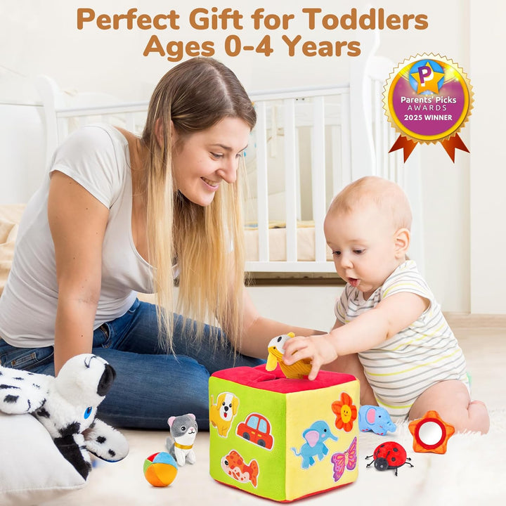 JoyCat Baby Spielzeug 6 Monate, Mystery Soft Box mit 10 Stück Sensorik Spielzeug, Rassel, Spiegel, M