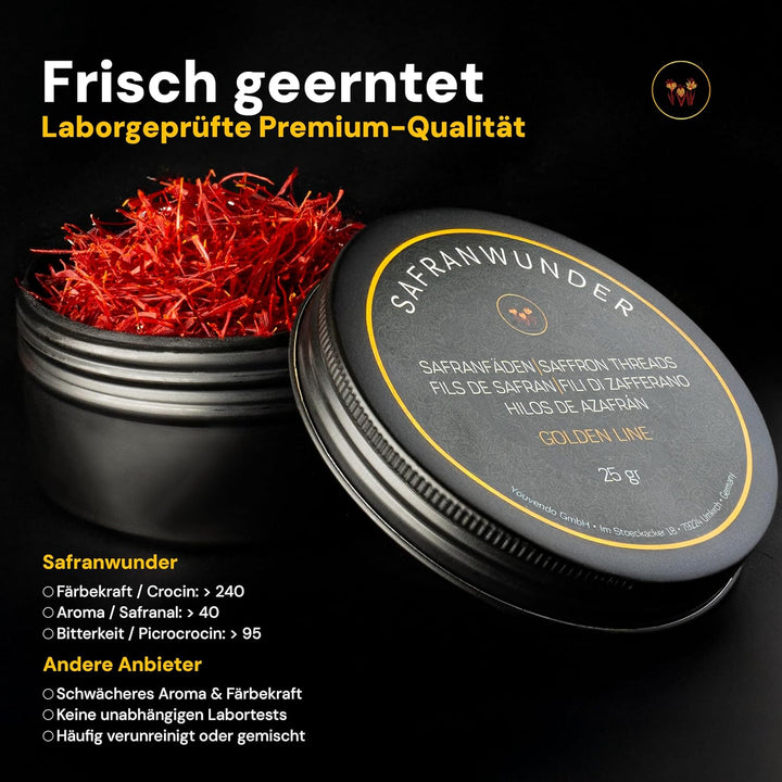 Safran Fäden, 25g Premium Safranfäden der höchsten Qualitätsstufe - Klasse 1 (Super Negin), 25g