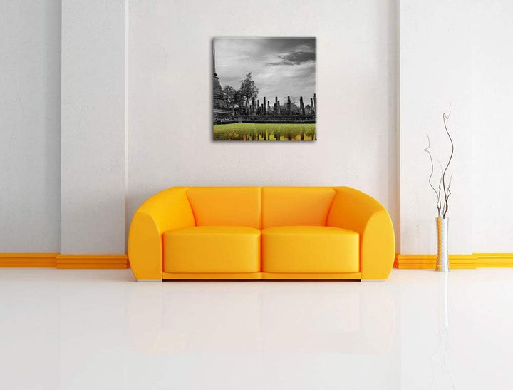 Pixxprint atemberaubender Buddha Tempel schwarz/weiss, Format: 70x70 auf Leinwand, 70x70