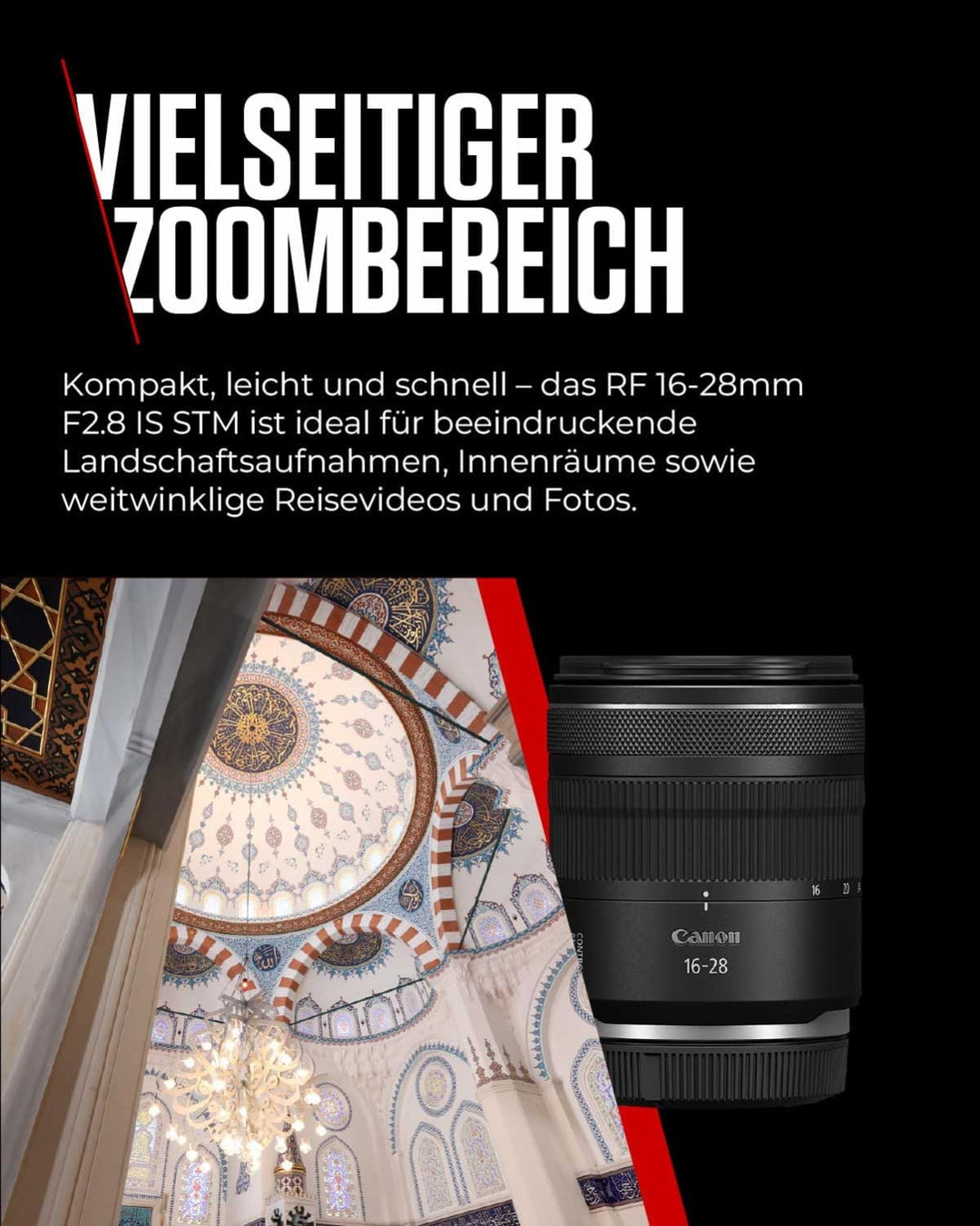 Canon Objektiv RF 16-28mm F2.8 is STM – Ultraweitwinkel-Zoomobjektiv mit 5,5-Stufen-Bildstabilisator