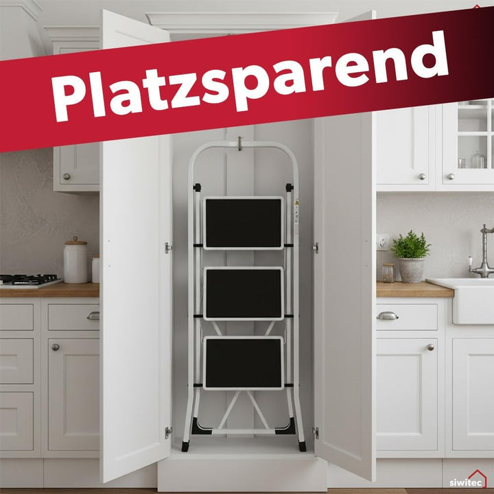 siwitec Klapptritt aus Stahl mit 3 Stufen, Weiss, kleine Leiter mit Anti-Rutschmatten, 150 kg Tragla