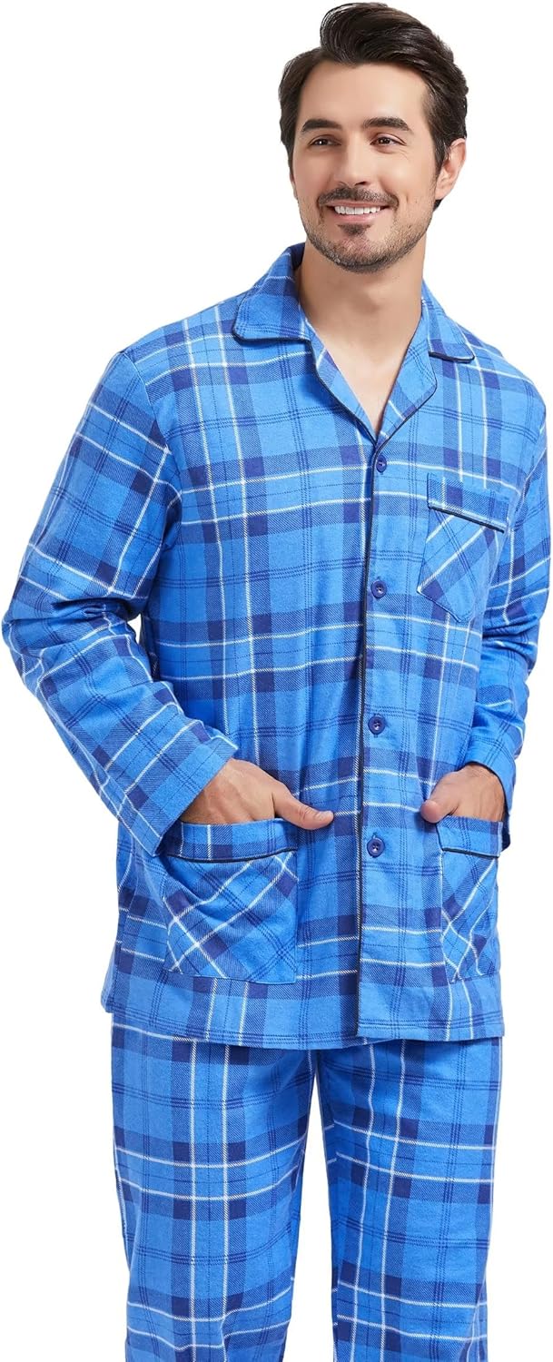 Amaxer Flanell Schlafanzug Herren 100% Baumwolle Pyjama mit Knopfleiste Set Lang Warmer Winter Schla