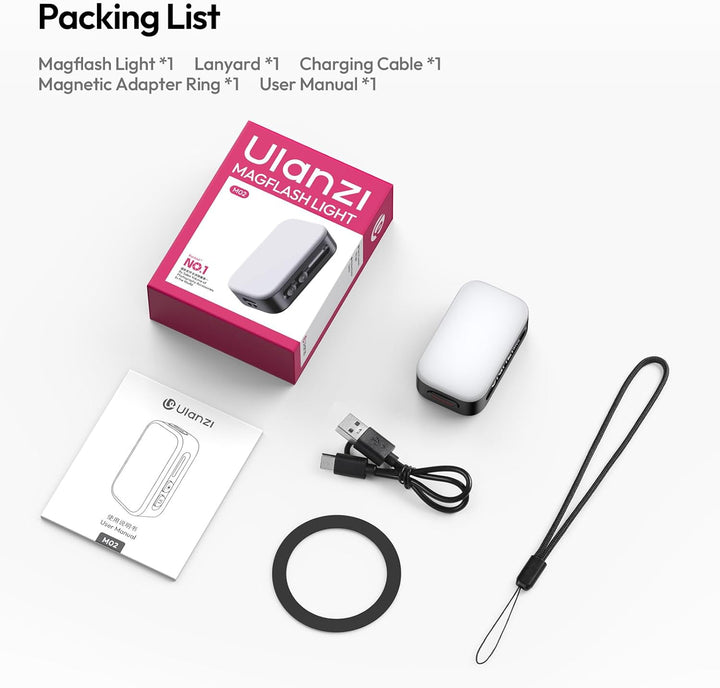 Ulanzi M02 Mini Magnetisches Selfie Licht mit Blitzlicht, 7W Handy Licht mit 5600K Tageslicht, Kabel