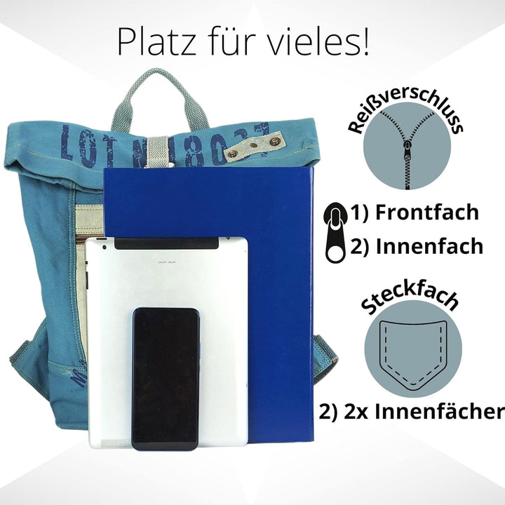 Sunsa Rucksack. XL Leinwand/Canvas Backpack. Rolltop Cityrucksack. Vegane Daypack in Maritim/Anker D