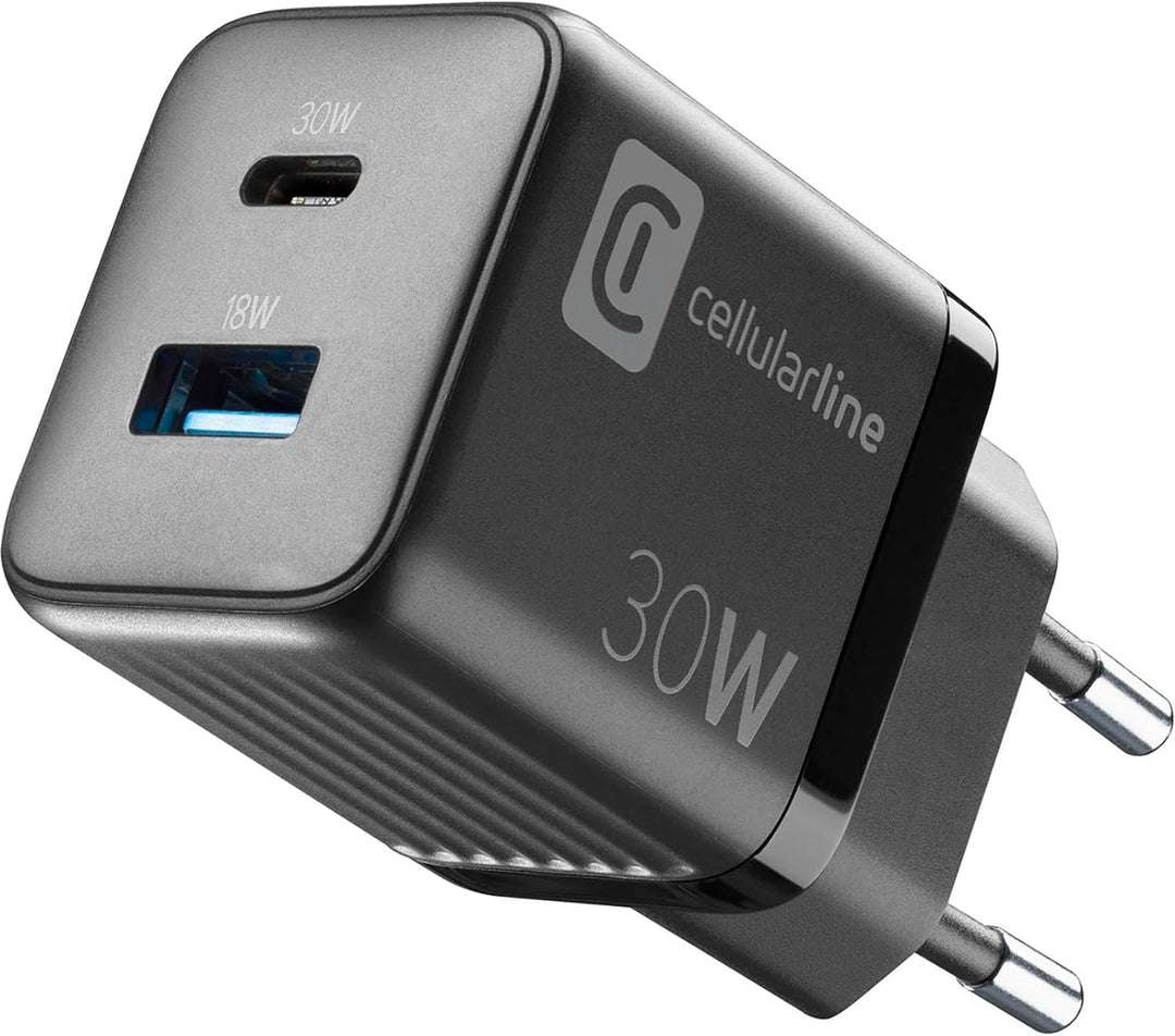 Cellularline | Multipower Micro Netzladegerät | Super Fast Charger 30W mit 2 USB-C-Anschlüssen - aus