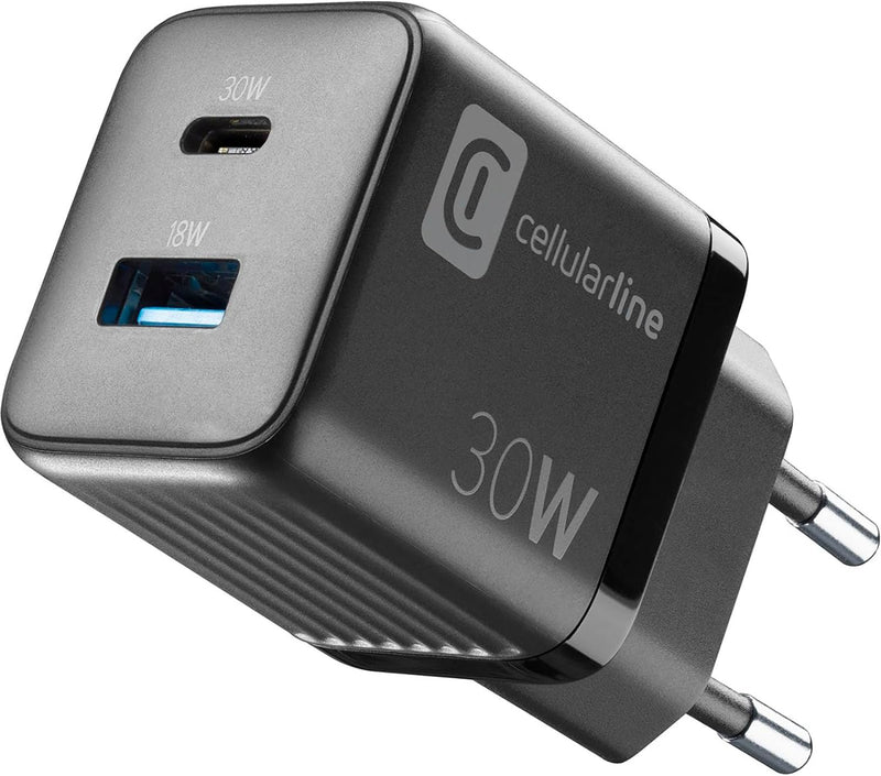 Cellularline | Multipower Micro Netzladegerät | Super Fast Charger 30W mit 2 USB-C-Anschlüssen - aus