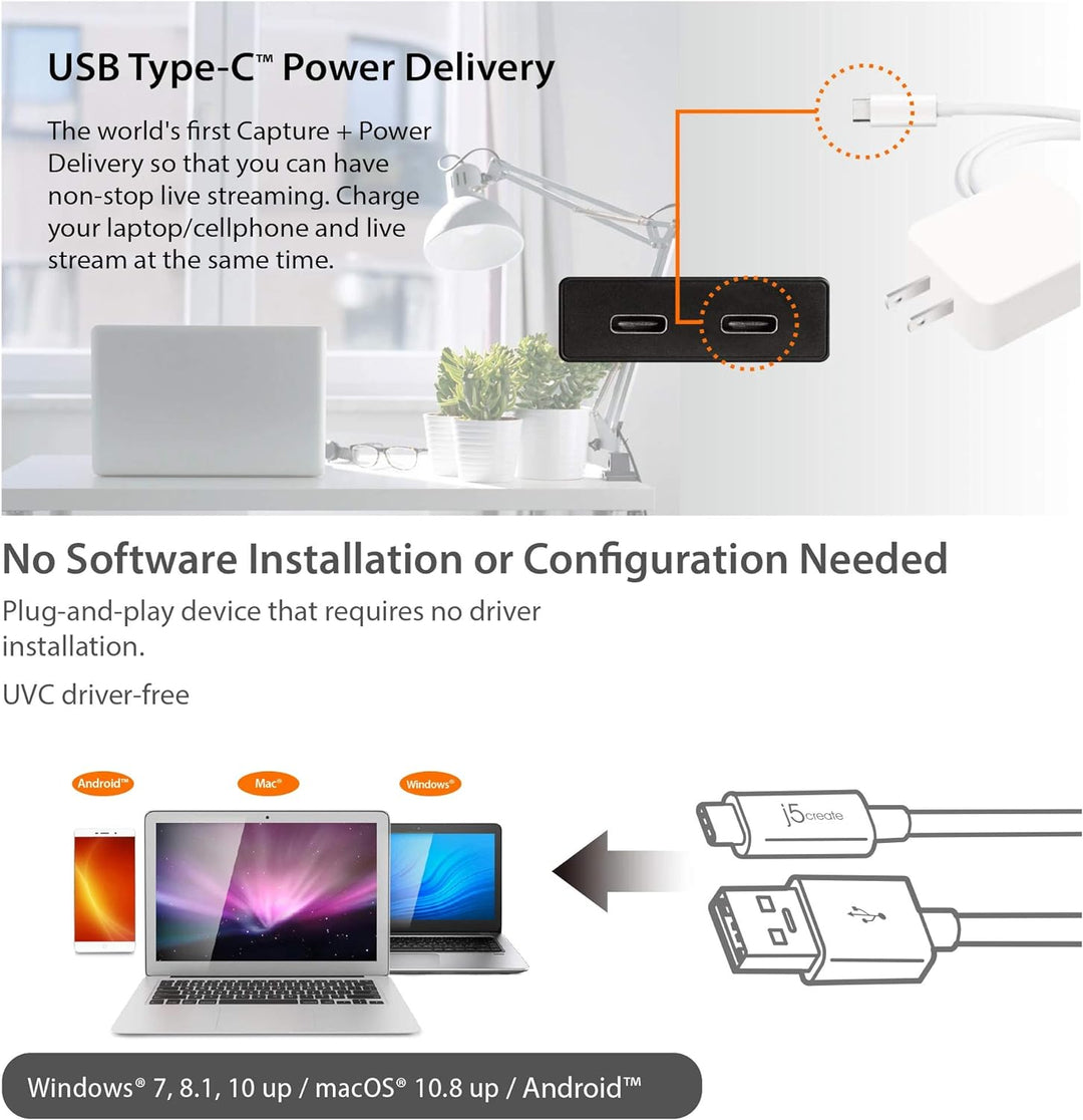 j5create Live-Videoaufnahmekarte - HDMI zu USB-C, unterstützt 1080p 60FPS Video- und Audioaufzeichnu