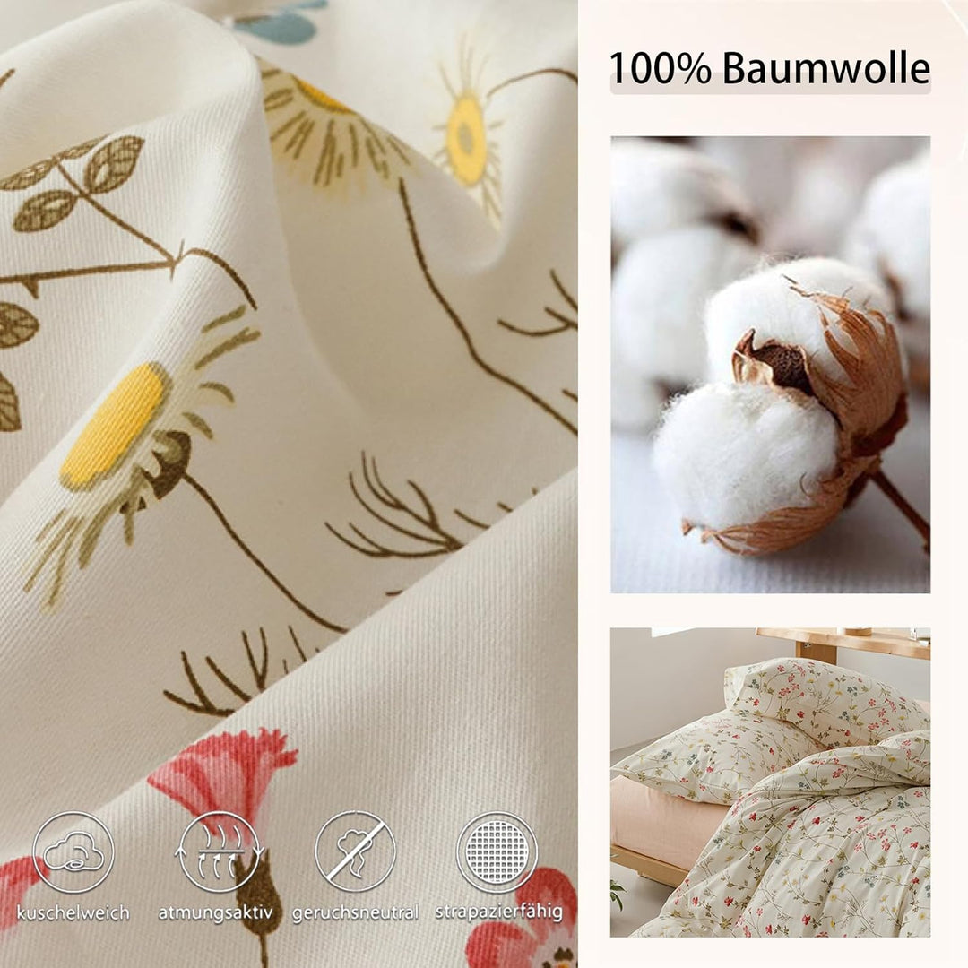 Freyamy Blumen Bettwäsche 155x220cm 2teilig Baumwolle Beige Rosa Bunt Floral Blätter Pflanzen Bettwä