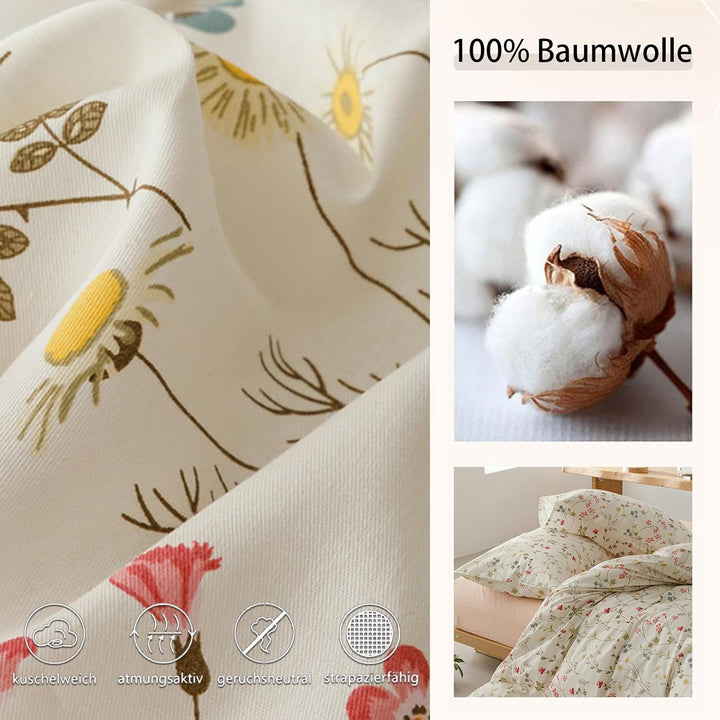 Freyamy Blumen Bettwäsche 155x220cm 2teilig Baumwolle Beige Rosa Bunt Floral Blätter Pflanzen Bettwä