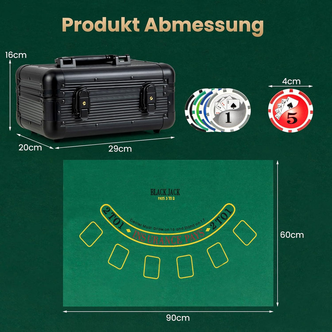 COSTWAY Pokerset mit 300 Laser-Chips, Pokerkoffer mit 2 Spielkarten, Dealer Button & 2 Schlüsseln, P