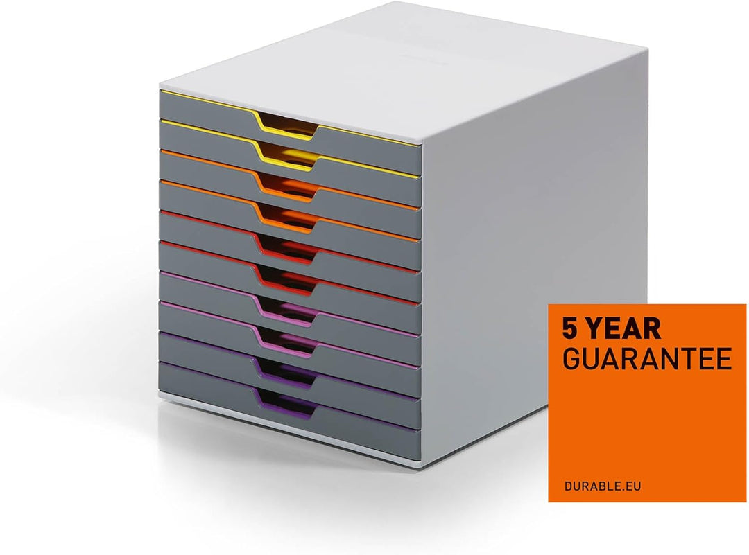 Durable Schubladenbox A4 (Varicolor) 10 Fächer, mit Etiketten zur Beschriftung, mehrfarbig, 761027,