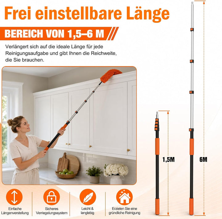 6M Staubwedel Teleskop Waschbar, Spinnwebenbesen mit Teleskopstiel, Fensterabzieher zum Reinigen von