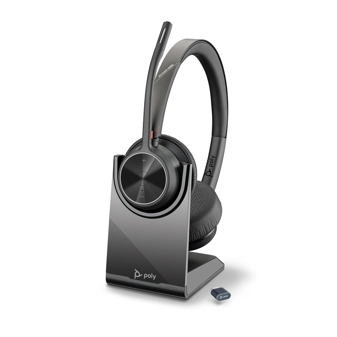 Schnurloses Poly Voyager 4320 UC-Headset und Ladestation – Stereo-Kopfhörer mit Noise Cancelling-Mik
