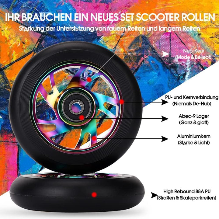100mm Scooter Rollen - 2 Stück 100mm Scooter Ersatzräder räder mit ABEC-9 Lager - Aluminium 88A stun