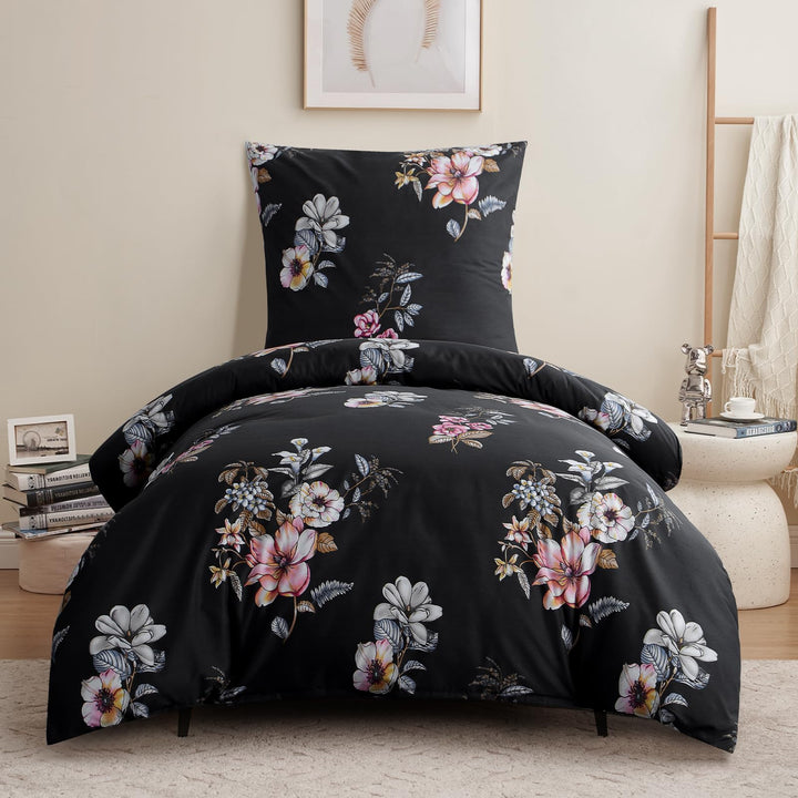 RUIKASI Bettwäsche 155x220 2 teilig Schwarz - Bettbezug 155 x 220 Set mit Blumen Muster, Bettwäsche-