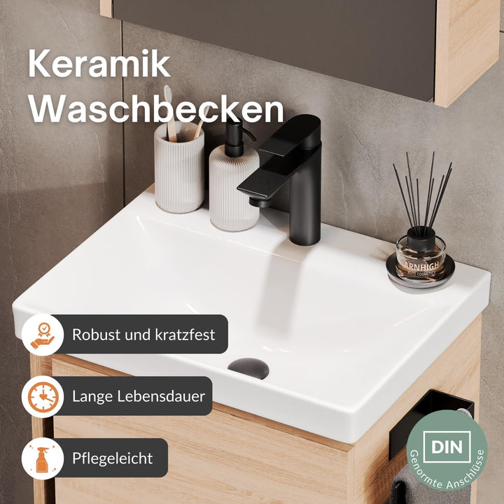 Planetmöbel Waschtisch mit Unterschrank 50 cm inkl. Waschtischarmatur schwarz, Badmöbel Set mit Wasc
