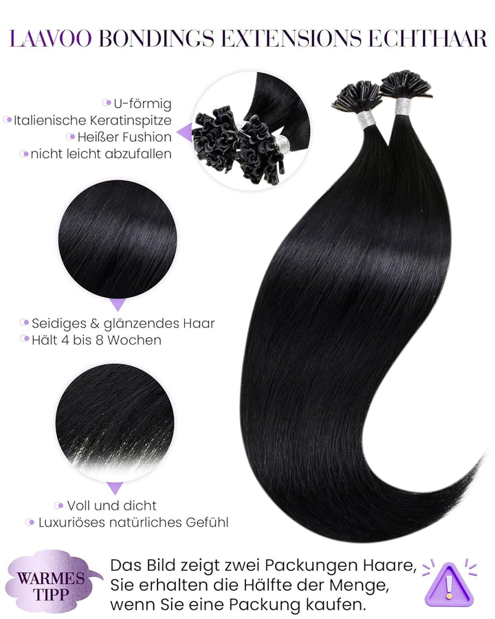 LaaVoo Extensions Echthaar Bondings Schwarz Echthaar Extensions Bondings 1g/s Keratin Bonding Extens