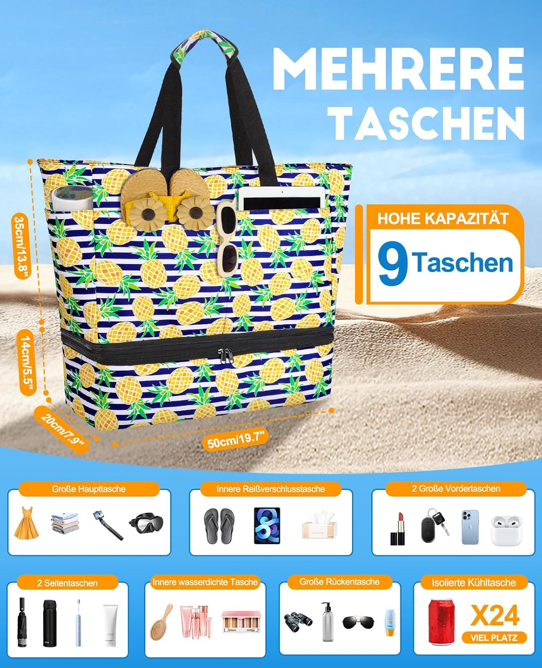 ISEYOU Strandtasche XXL Familie mit Kühltasche, Gross Strandtasche mit Reissverschluss Wasserdicht S