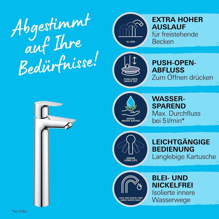 GROHE Start Edge - Einhand-Waschtischarmatur (wassersparend, XL- Size, flexible Anschlussschläuche),