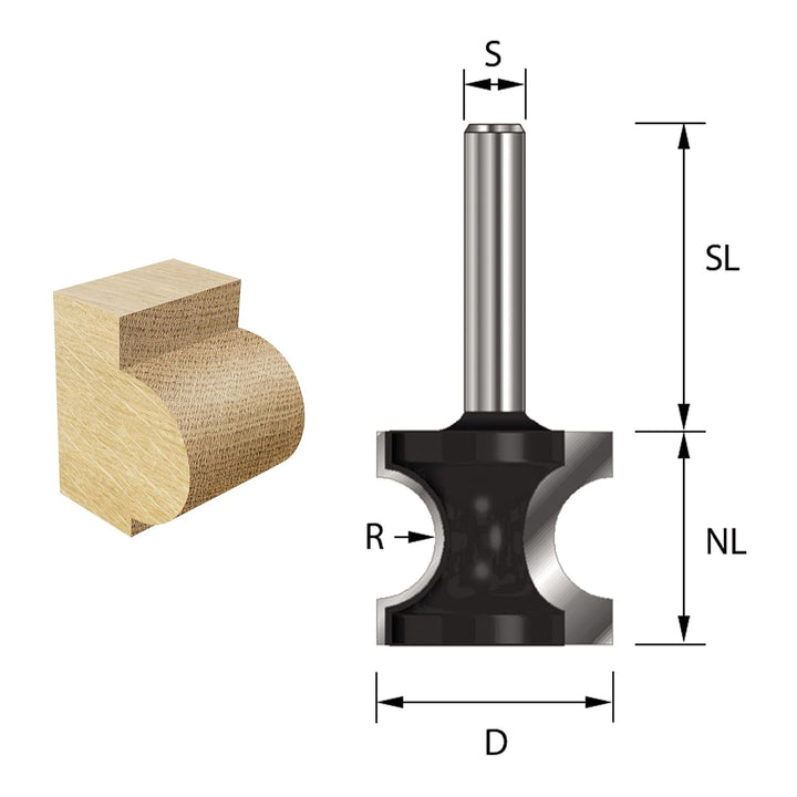 ENT 14441 Halbstabfräser HW, Schaft (S) 8 mm, Durchmesser (D) 19 mm, NL 16,5 mm, R 3,2 mm, SL 32 mm,