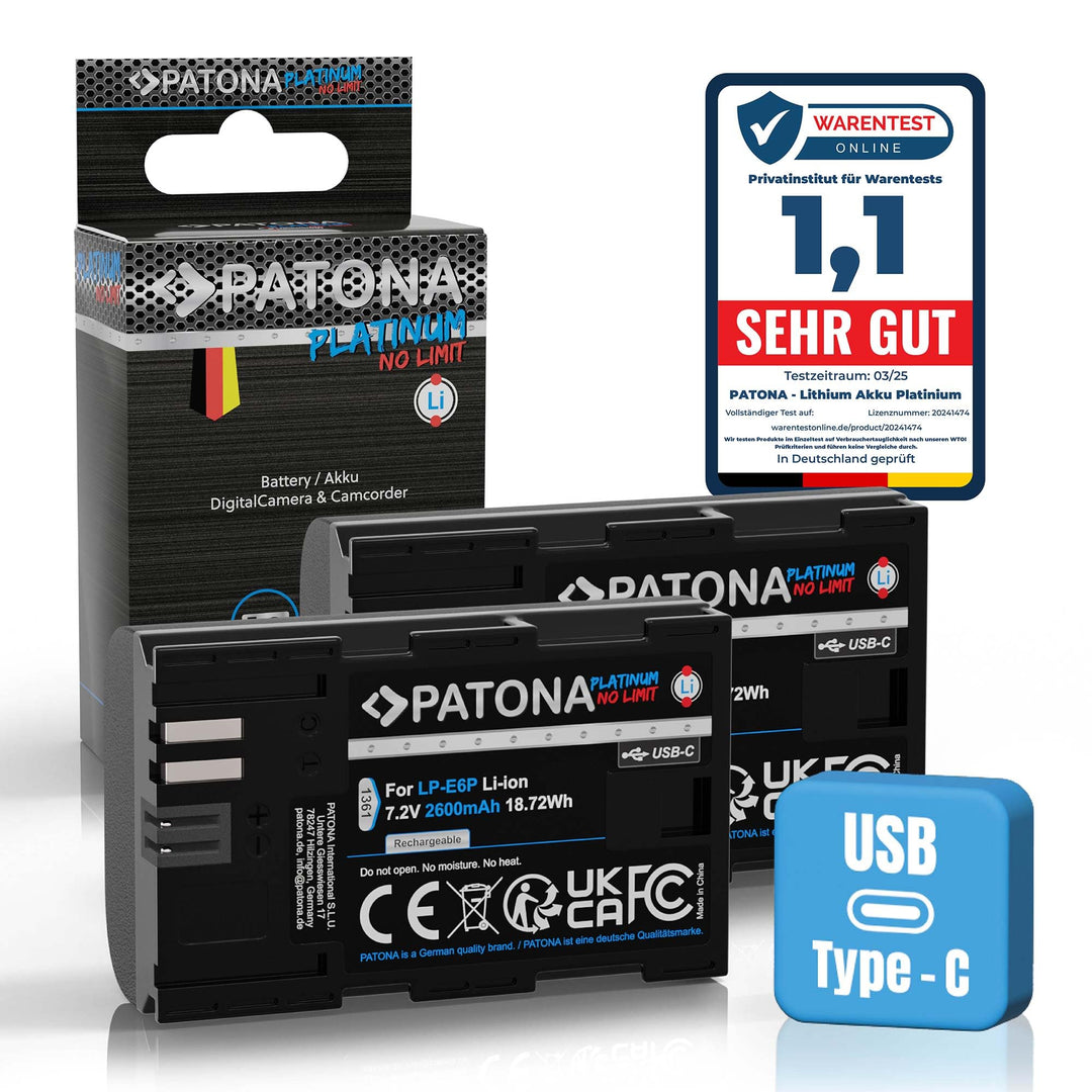 PATONA 2X Platinum Akku LP-E6P LP-E6NH 2600mAh USB-C Eingang Ersatzakku kompatibel mit Canon EOS R7