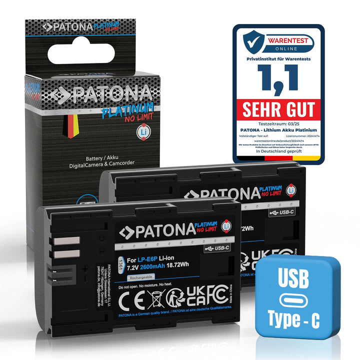 PATONA 2X Platinum Akku LP-E6P LP-E6NH 2600mAh USB-C Eingang Ersatzakku kompatibel mit Canon EOS R7
